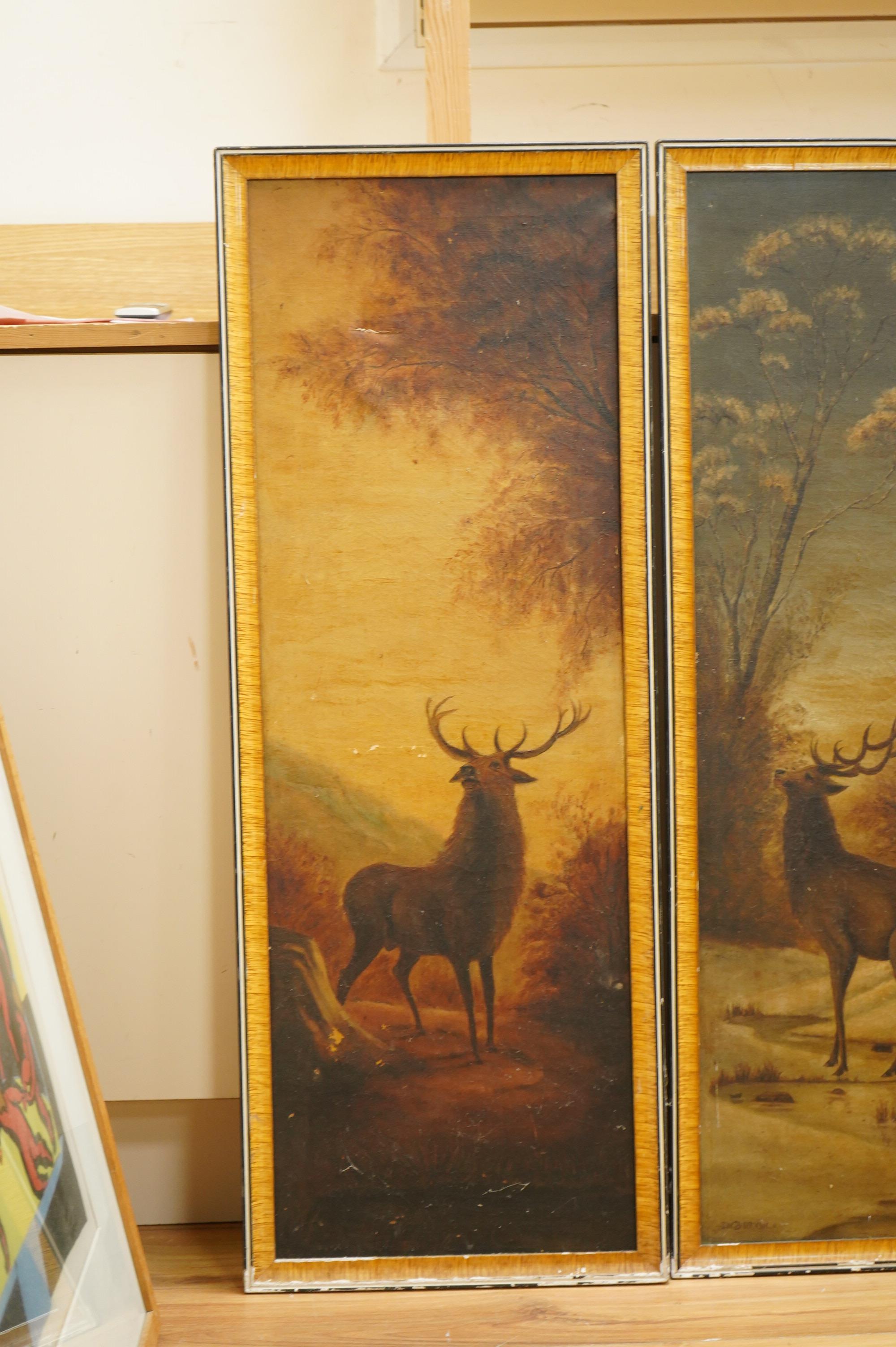 J W Barton, Stags before a landscape, pair of early 20th century oils on canvas, 92 x 31cm